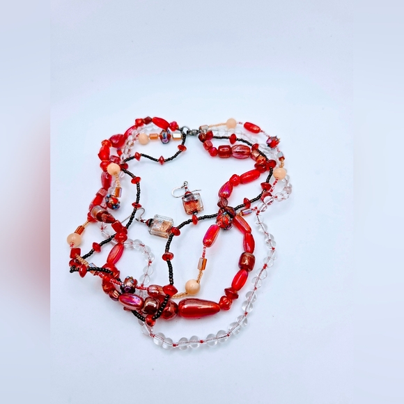 Vintage Murano Necklace Earrings Set Glass Multistrand Beaded Cherry Red Molded - Picture 8 of 9